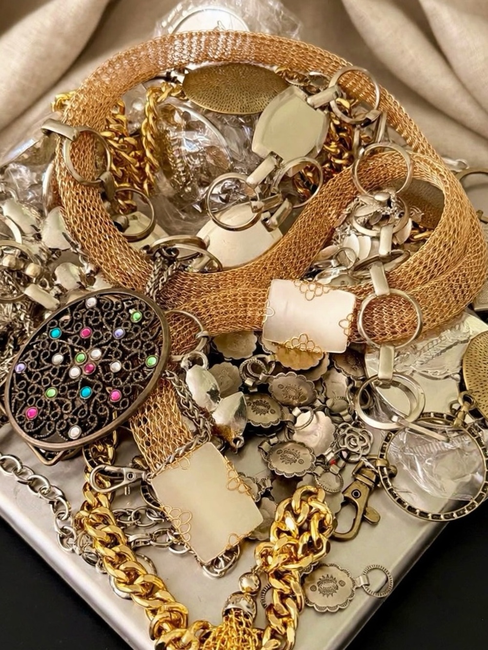 2 LB 9 OZ Statement Belt Lot Gold Silver Rhinestone Chain Vintage Modern Resale